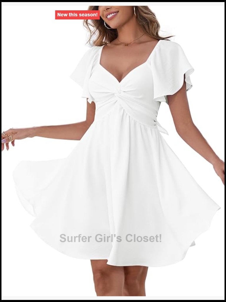 Chiffon Sweetheart Knot Front Mini Dress Flutter Sleeve Tie Back A-Line